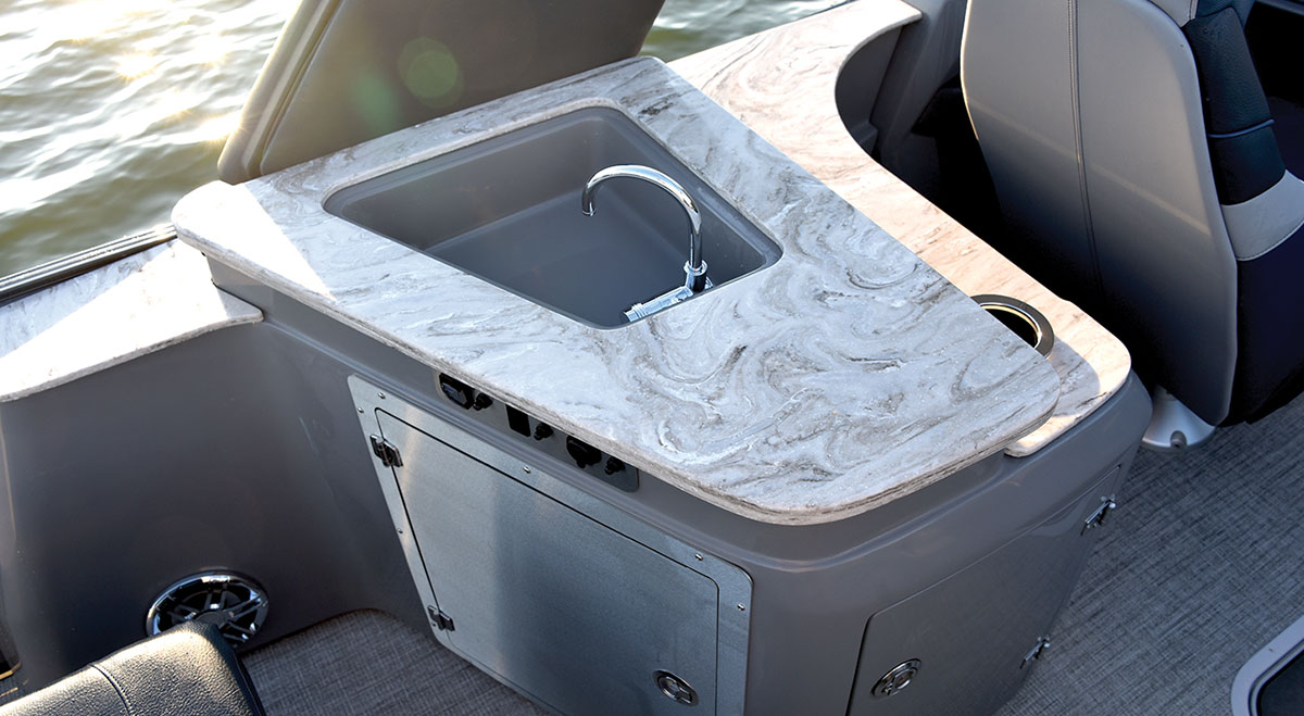 countertop and sink on a Tahoe pontoon