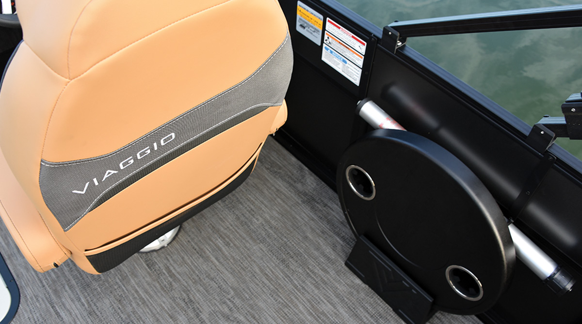 closeup of the back of a seat on a Viaggio Lago pontoon