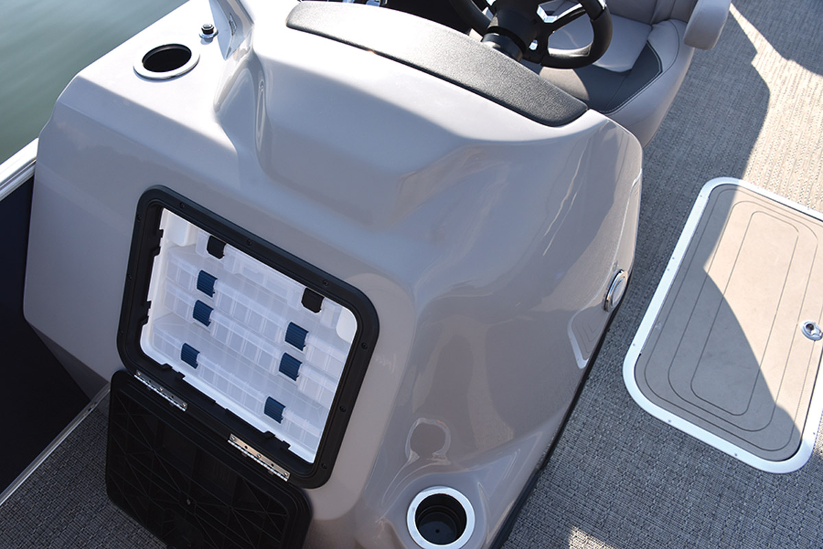 Stow-Away Tackle Trays stored in Barletta Aria 22 Fish pontoon