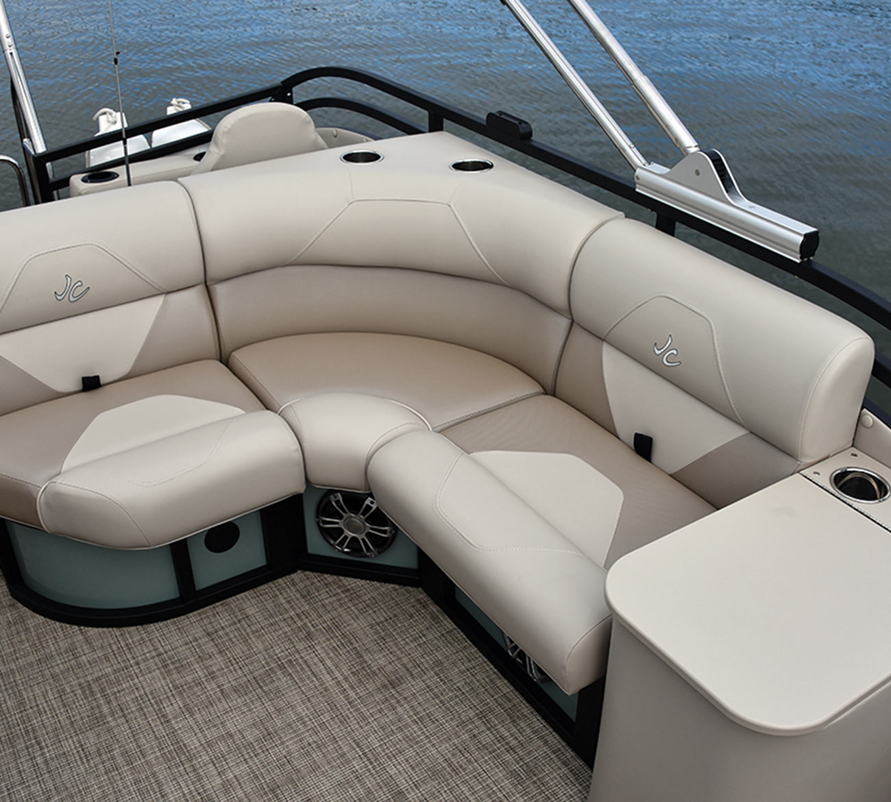 wide view of a corner bench on the JC TriToon Spirit 240TT Fish Super Sport pontoon