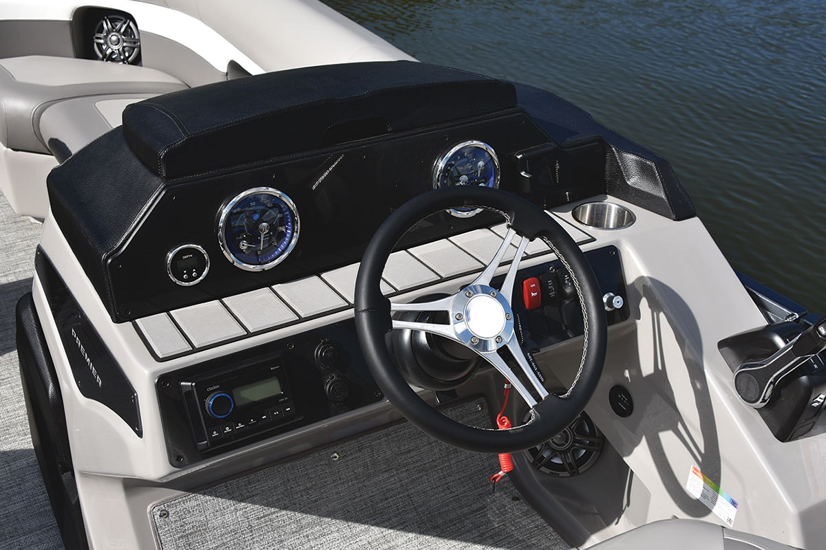 the helm of the Premier pontoon