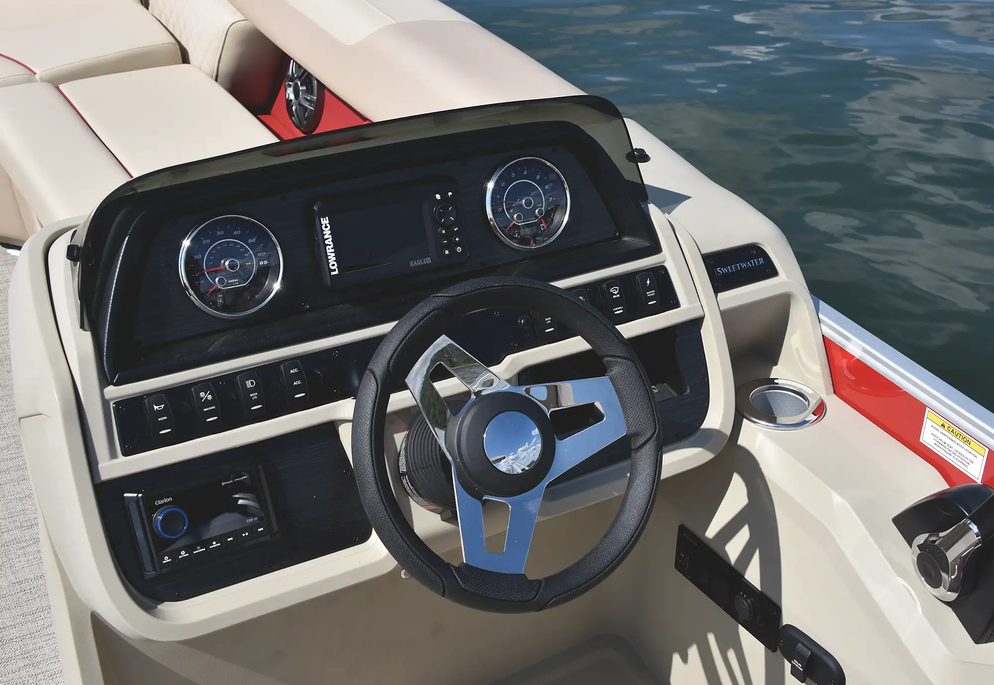 steering wheel of a Godfrey Sweetwater 2286 pontoon