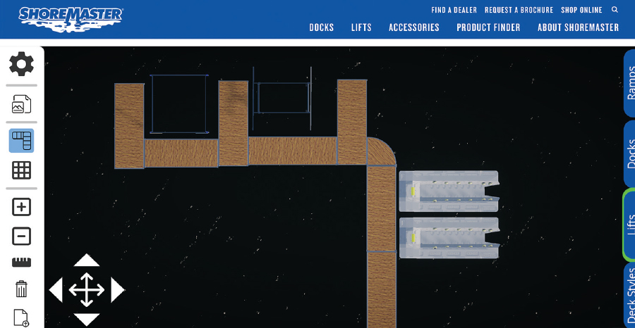aerial top view of dock being built on Shoremaster’s Dock Builder Tool