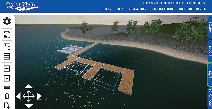 aerial front view of dock being built on Shoremaster’s Dock Builder Tool