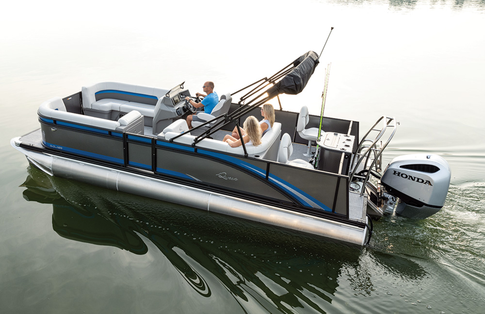 Pontoon boat with people on calm water, featuring a Honda outboard motor.