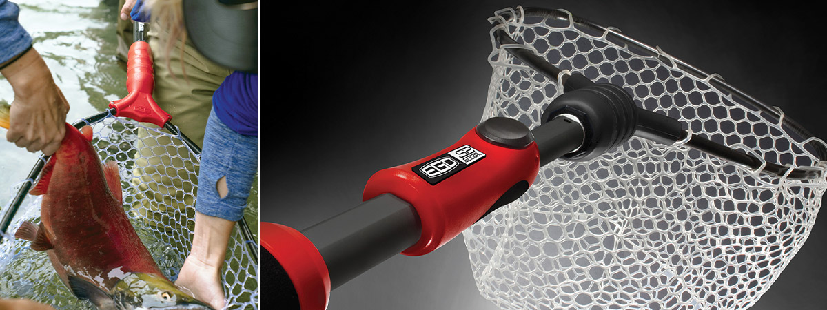 cropped view of a person removing a large fish from a EGO Fishing's S2 Slider net; close view of the handle, logo and net end of the EGO Fishing's S2 Slider