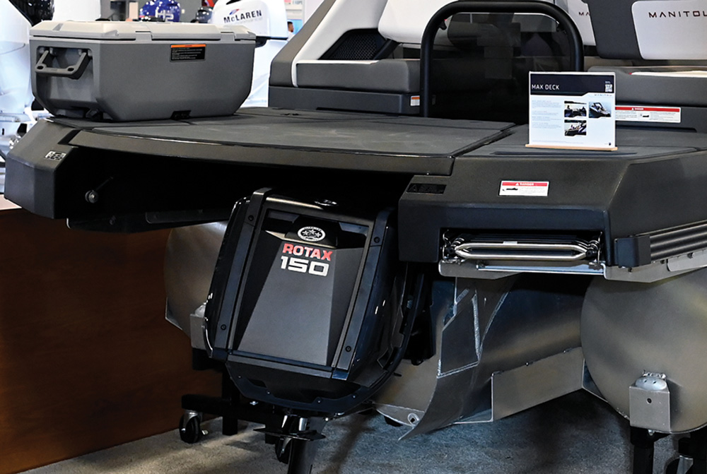 Rear section of a watercraft with a ROTAX 150 engine and a deck labeled "MAX DECK."