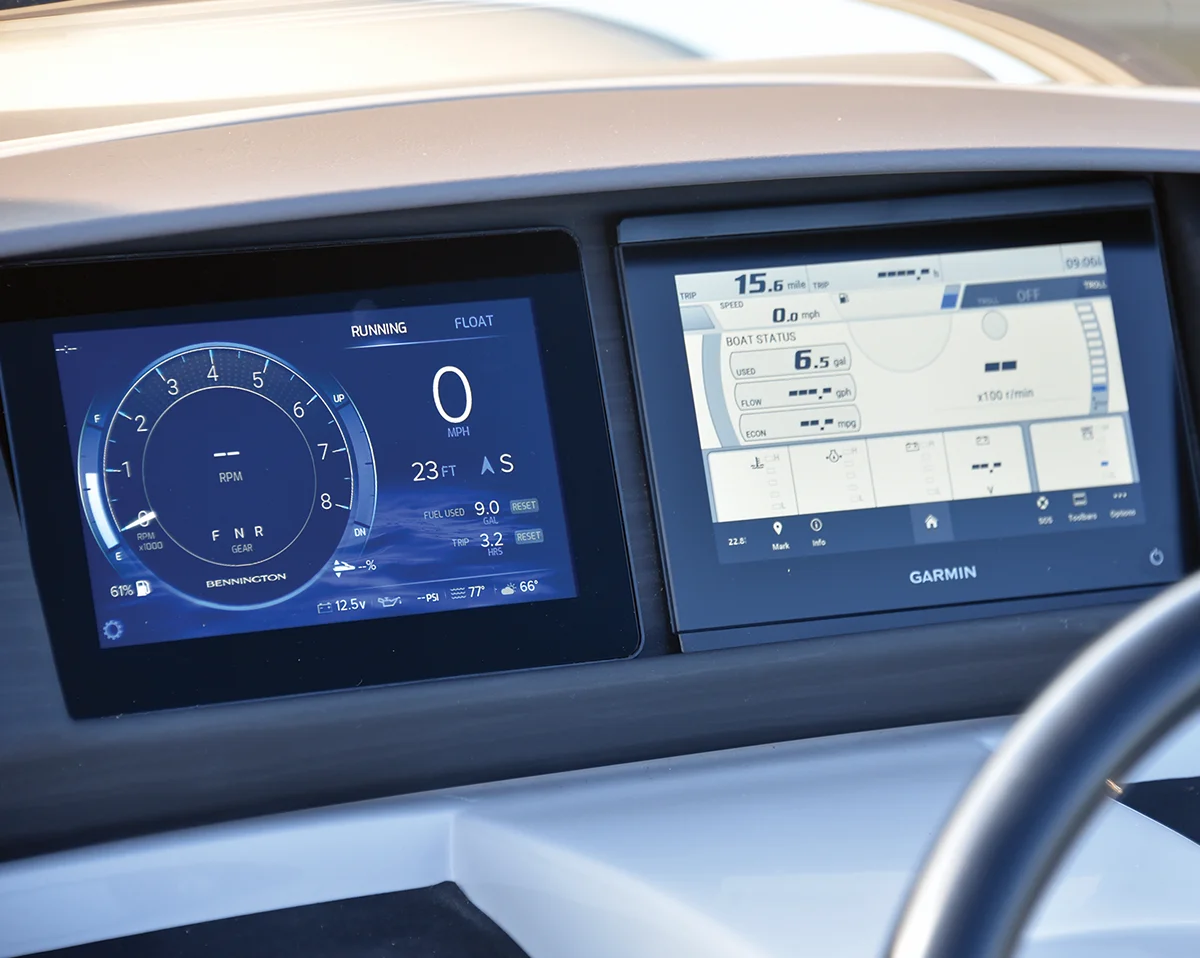 close up of the dashboard on a Bennington pontoon