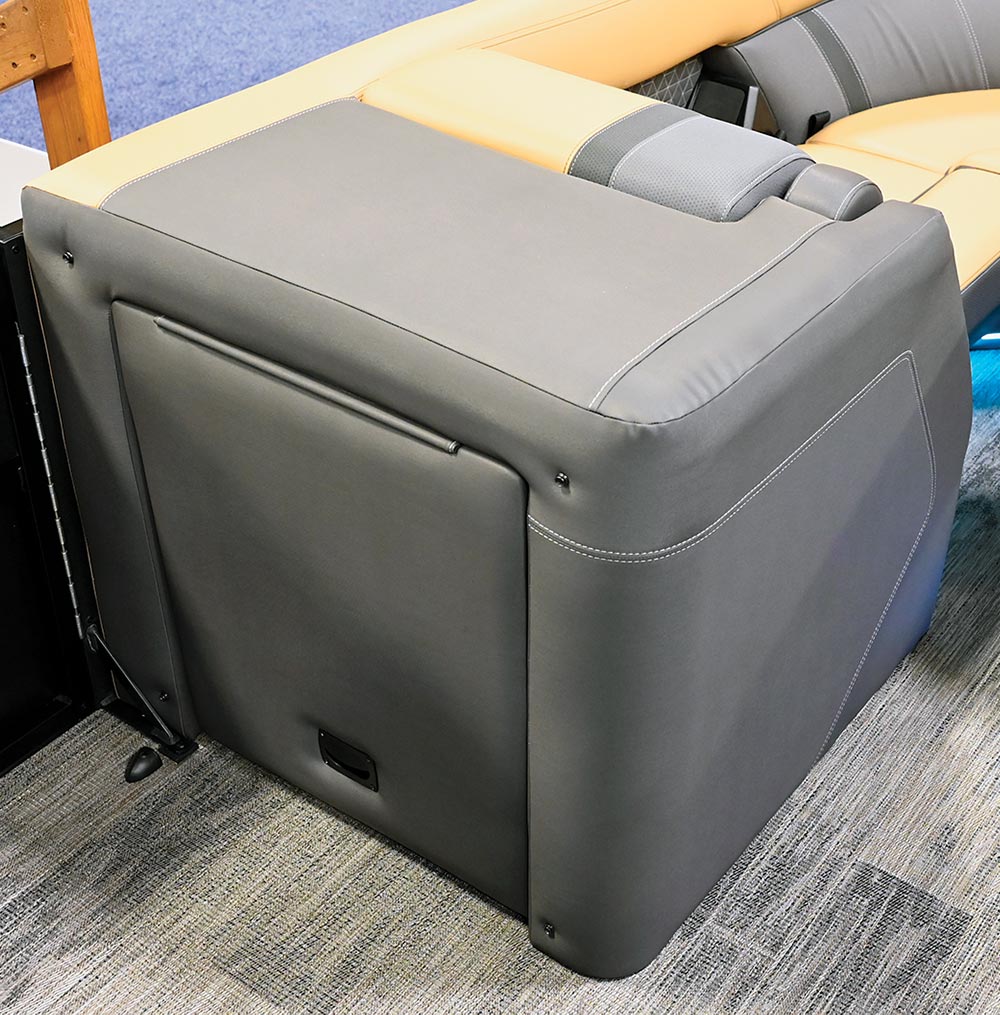 the area of the slide out toilet on a Viaggio pontoon with the toilet in storage