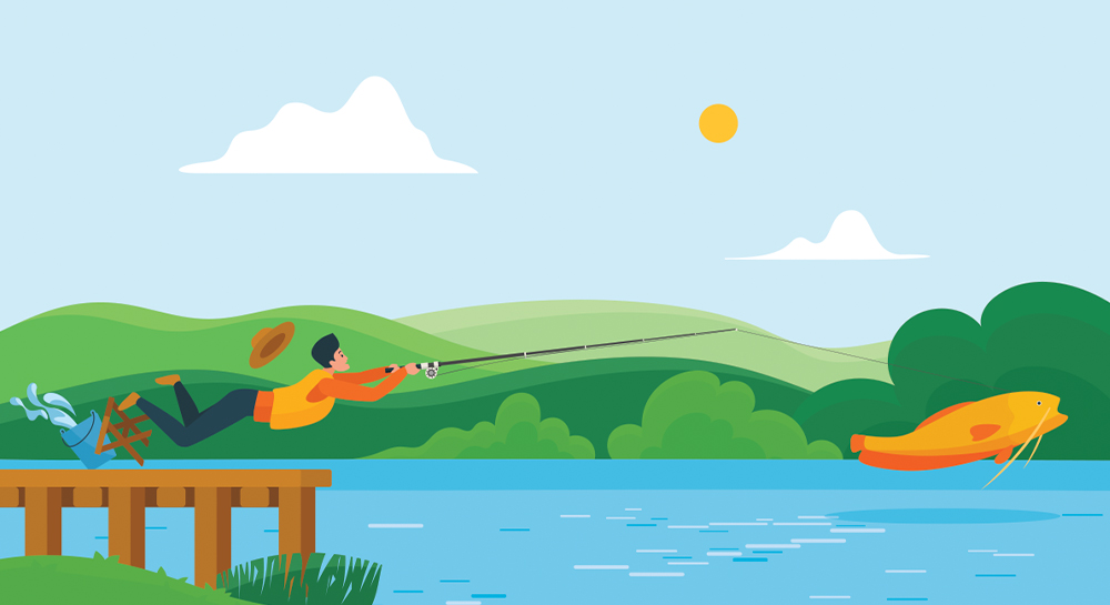 vector illustration of a fisher being pulled out of their seat on a pier in a cartoonish way after catching a large fish on the line