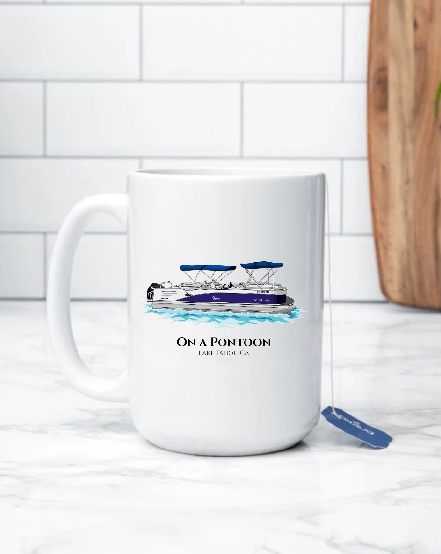 The Custom Captain mug with the words "on a pontoon" and a drawing of a pontoon