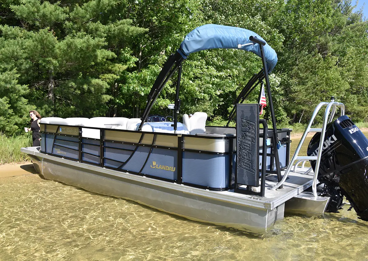 Pontoon boat with blue canopy and outboard motor near a sandy shore with trees.