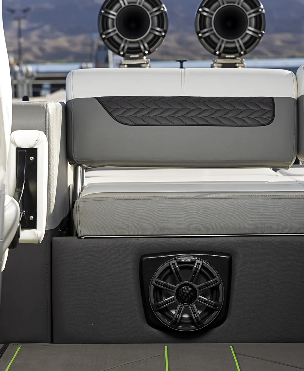 audio system installed under the seats of a pontoon