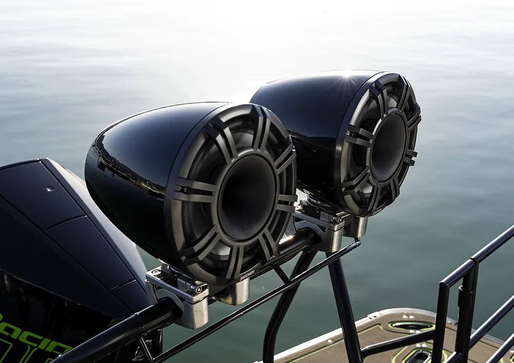 speakers on the back of a pontoon