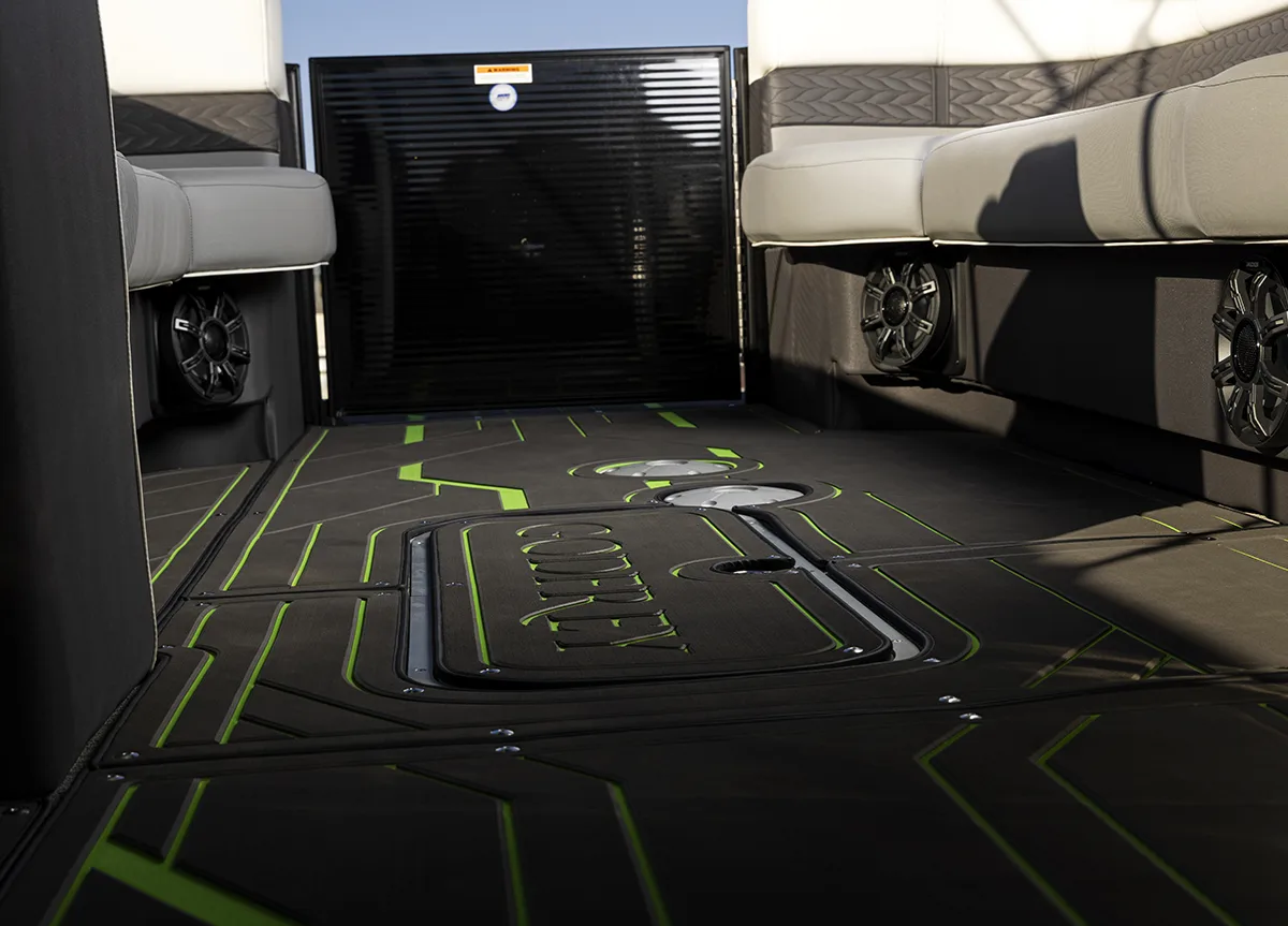 floor of a Godfrey pontoon with custom green accents