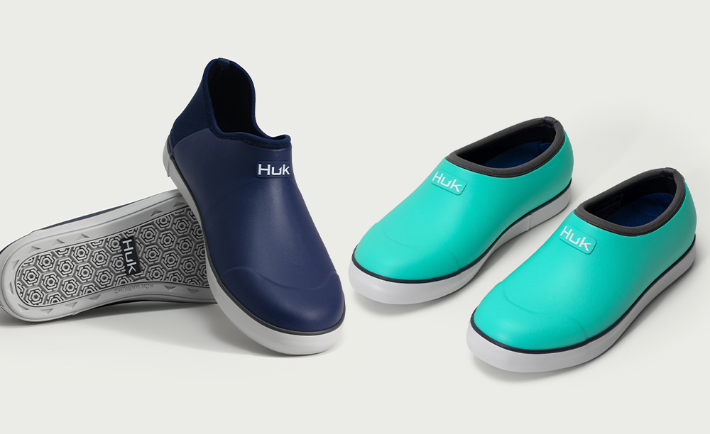 a pair of Men’s Rogue Wave Shoes in dark blue and a pair of Women’s Rogue Wave Clogs in bright teal