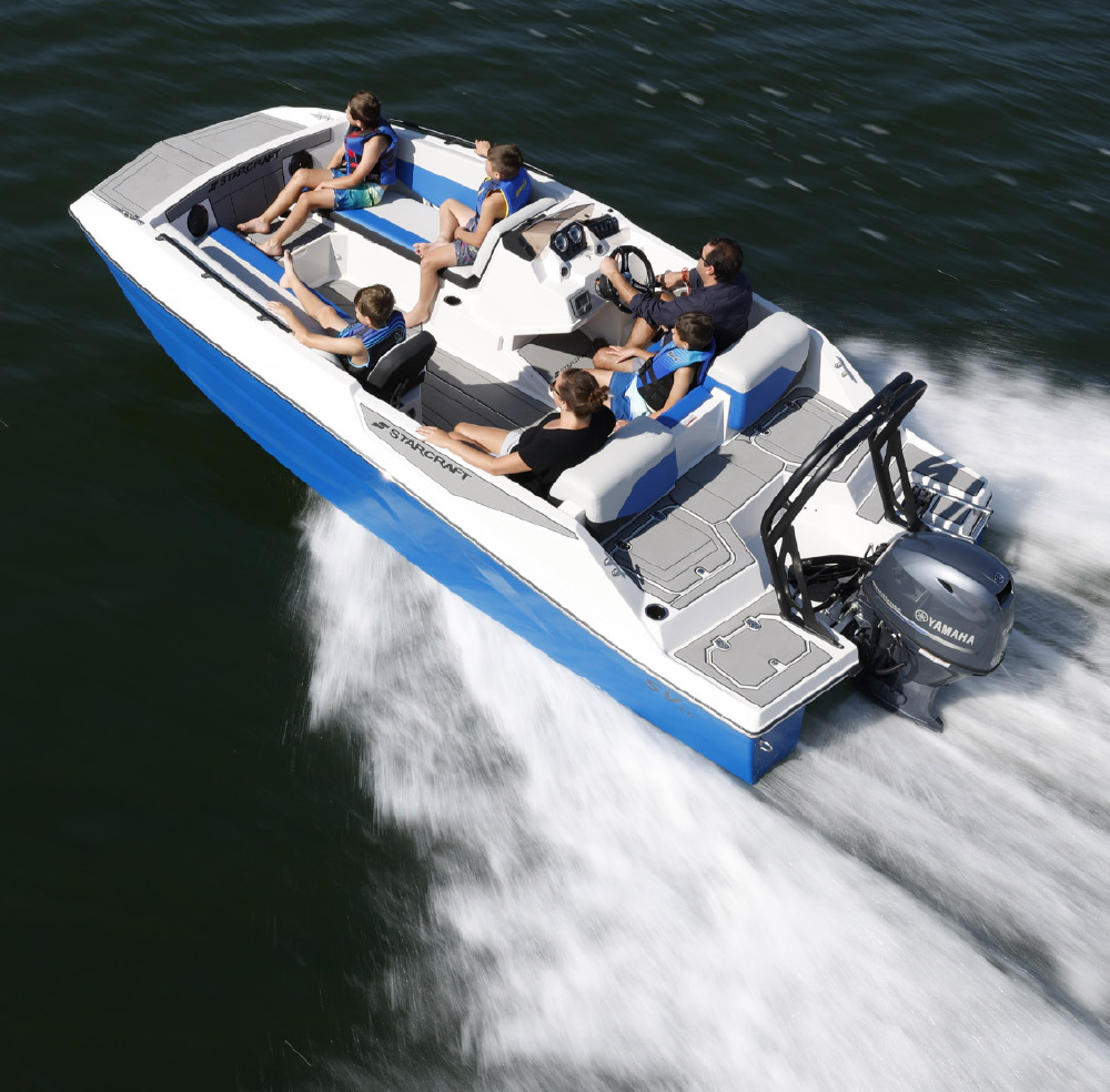 aerial view of family riding in Starcraft SV 16 OB pontoon