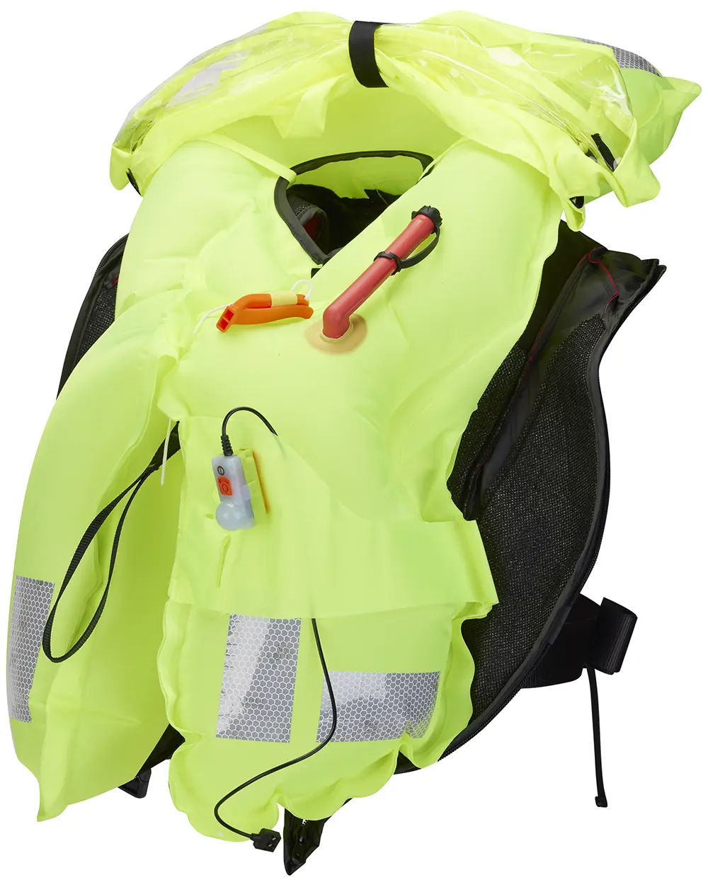 A bright yellow, inflated personal flotation device (PFD) or inflatable life jacket, showing its buoyancy chambers and CO2 cylinder actuator.
