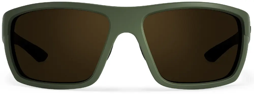A close-up, front-facing shot of a pair of Freshwater Revivals sunglasses from VALLON with a thick, dark olive green frame and dark brown, curved rectangular lenses; The arms of the glasses are black