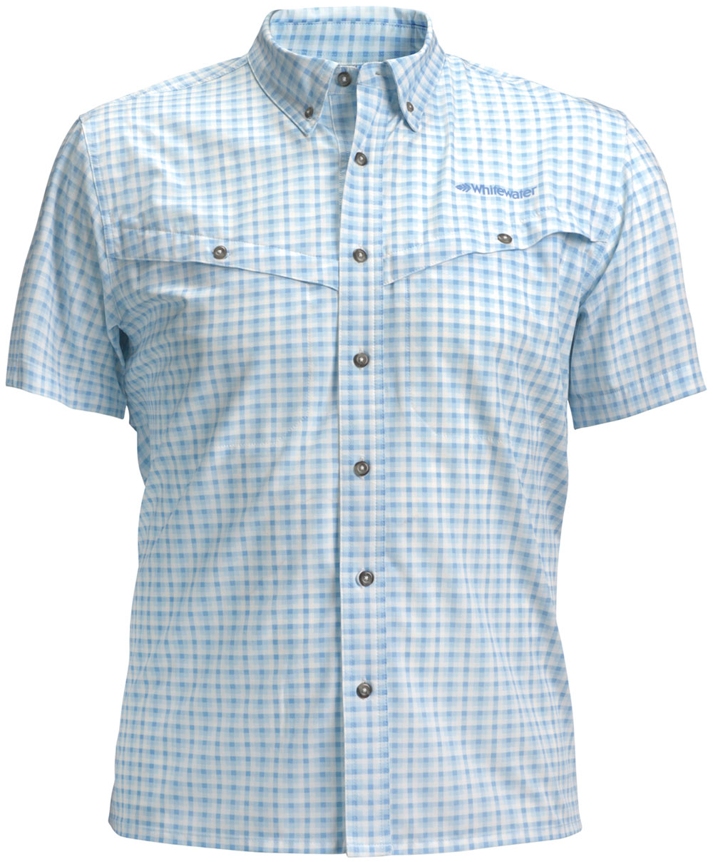 A light blue and white plaid, short-sleeve Whitewater fishing shirt with two chest pockets.