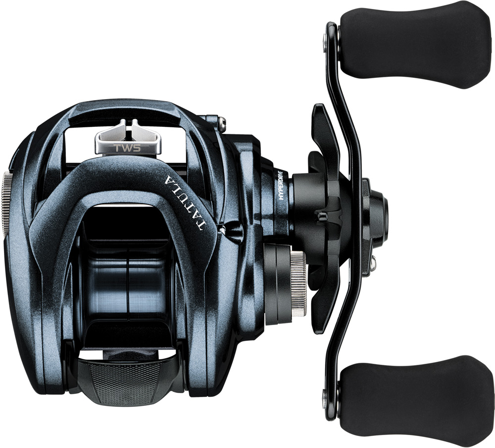 A dark blue or black Daiwa Tatula baitcasting fishing reel with the TWS line guide system visible.