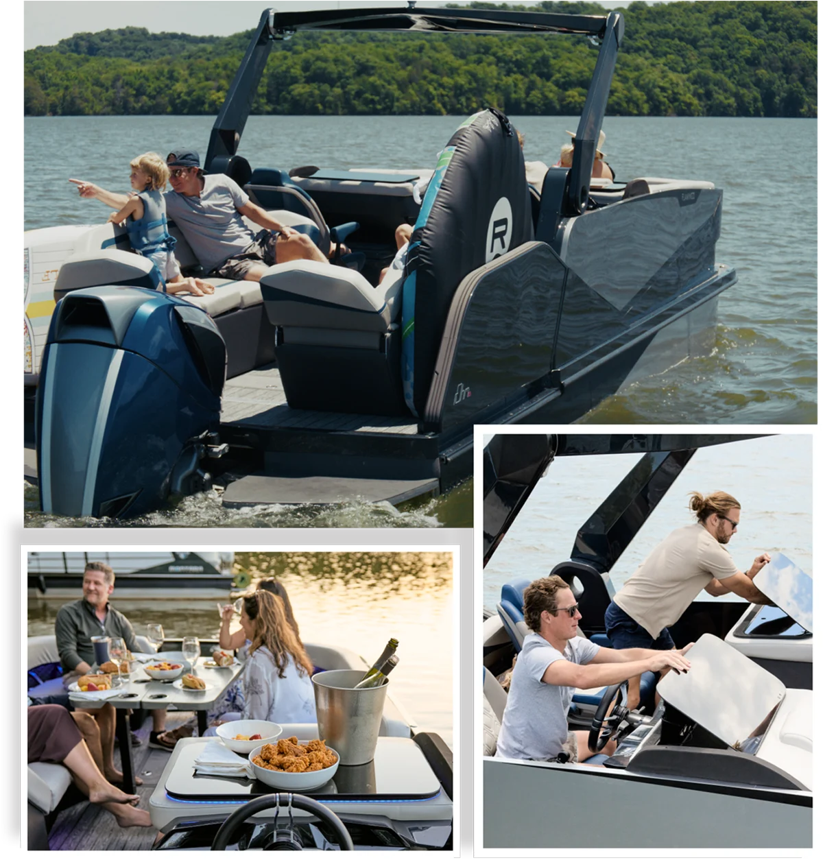 collage of three images depicting various groups of people, relaxing, dining, and exploring the different types of storage on a Flamingo Marine pontoon