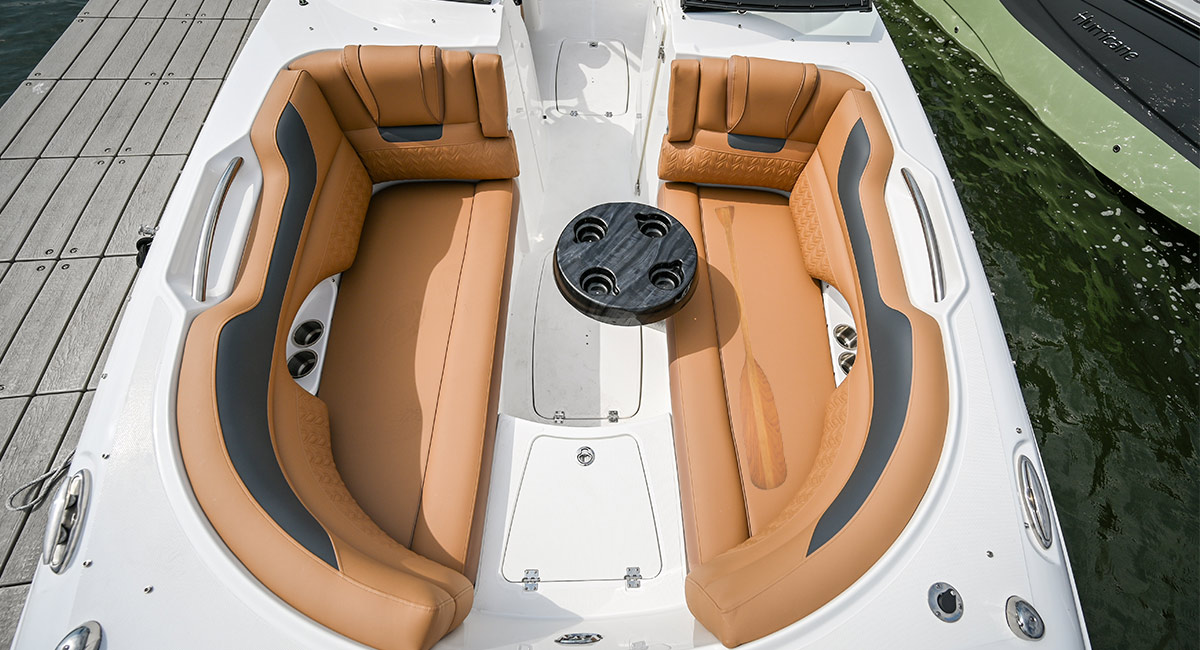 top view of the bench seating section on a white Hurricane deck boat