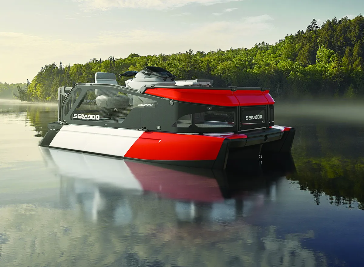 full view of the 2026 Sea-Doo Switch in red and black