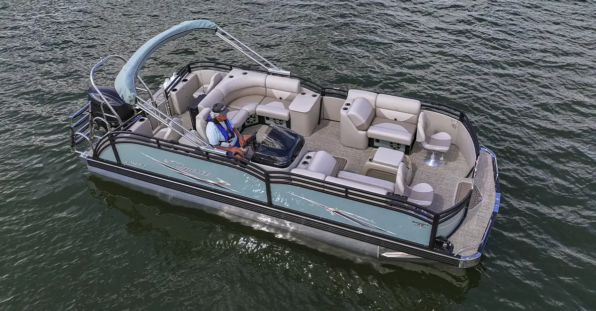 JC TriToon Spirit 240TT Fish Sport pontoon in light blue and beige