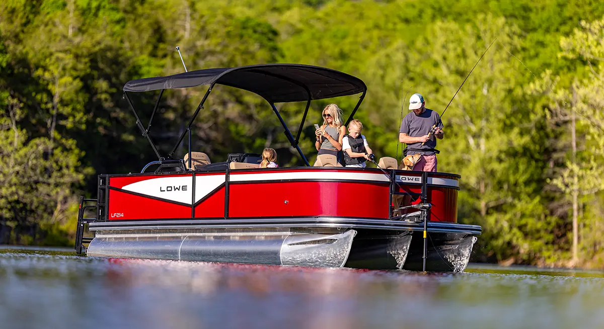 Lowe LF214 pontoon in red, white, and black