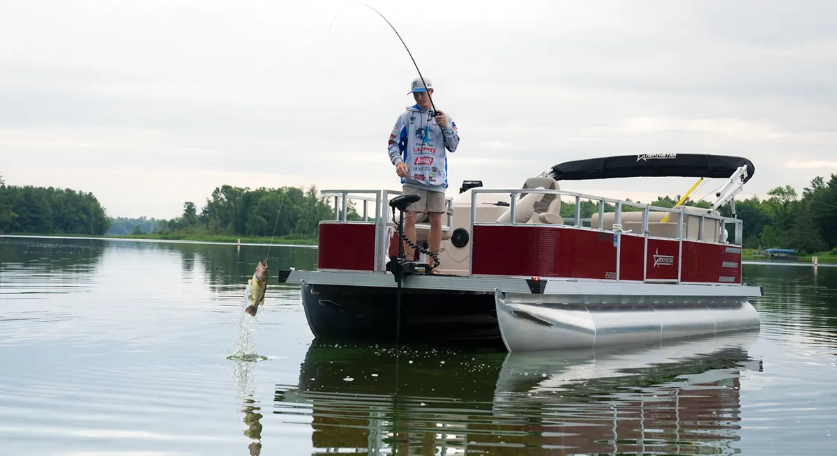 NorthStar Ursa Major 14’ Fish pontoon in maroon and white
