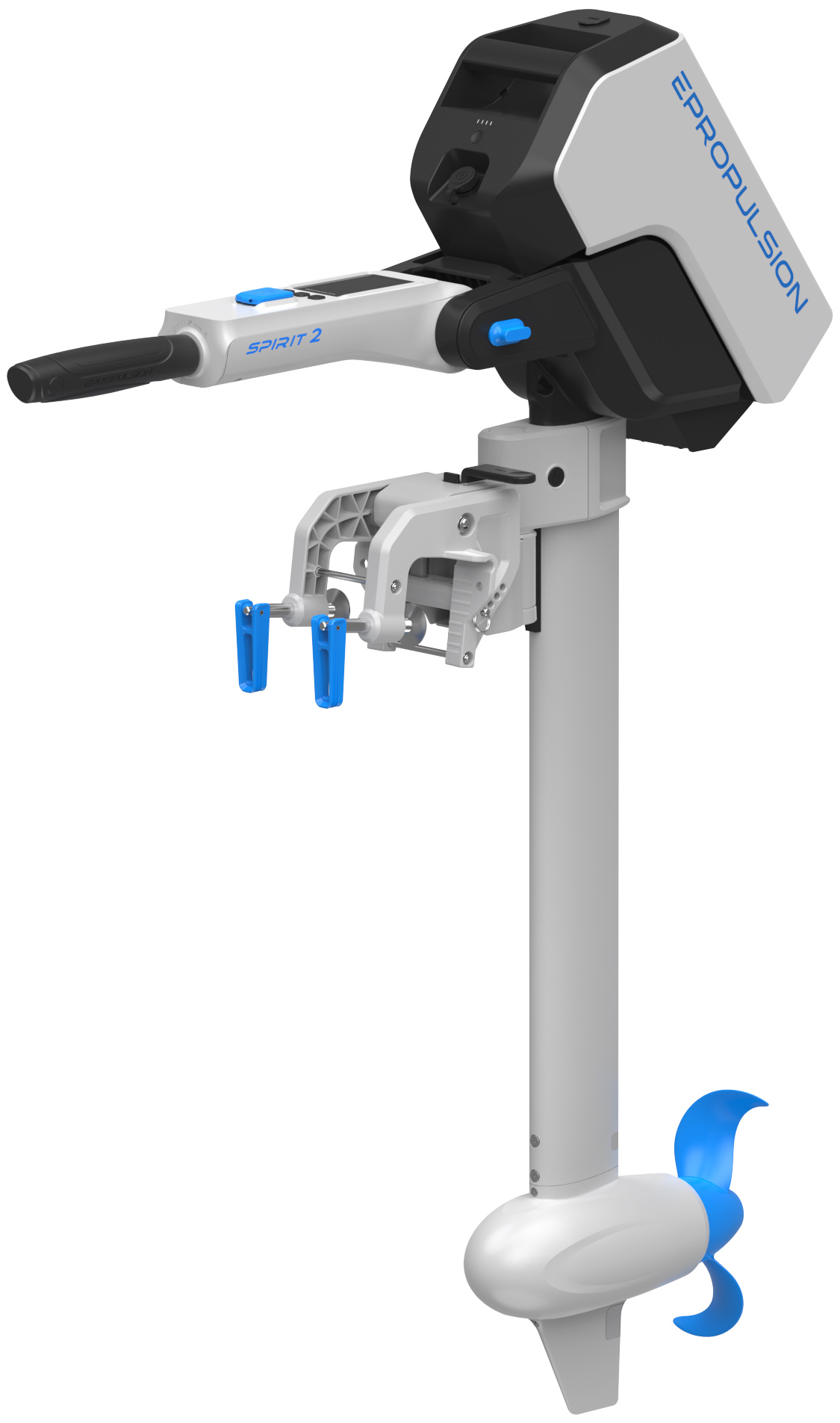 ePropulsion Spirit 2 electric outboard motor features a white and black powerhead, a white tiller handle with a black grip, a silver shaft, and a blue three-blade propeller. The mounting bracket includes blue adjustment handles.