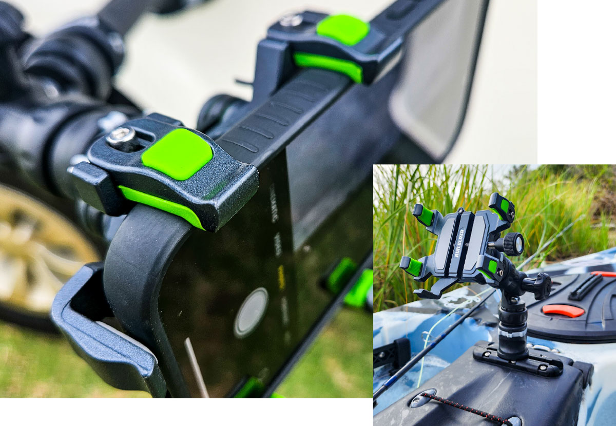 Close-up view of a black smartphone secured by black mounting clips with bright green silicone grips; The RAILBLAZA AnchorPoint phone holder with green silicone grips is mounted on a blue and white kayak.