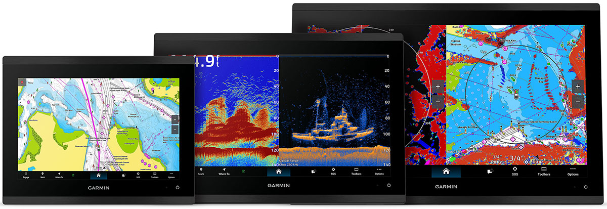 Three black Garmin GPSMAP chartplotters in three sizes. The screens display color-coded navigation maps, high-definition sonar images of the seafloor, and radar overlays. The Garmin logo is centered on the bottom bezel of each unit.