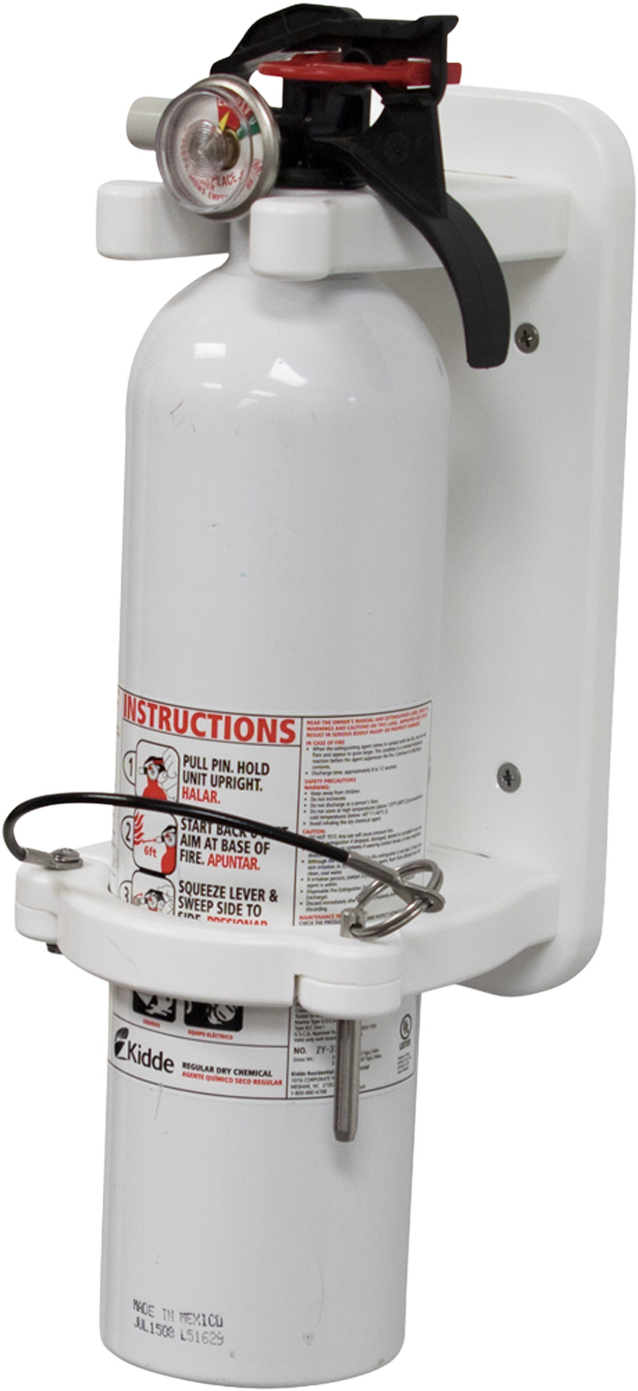 A white fire extinguisher with a black handle and pressure gauge is secured in a white Boat Outfitters mounting bracket. The bracket consists of a backplate and a circular clamp with a metal quick-release pin.