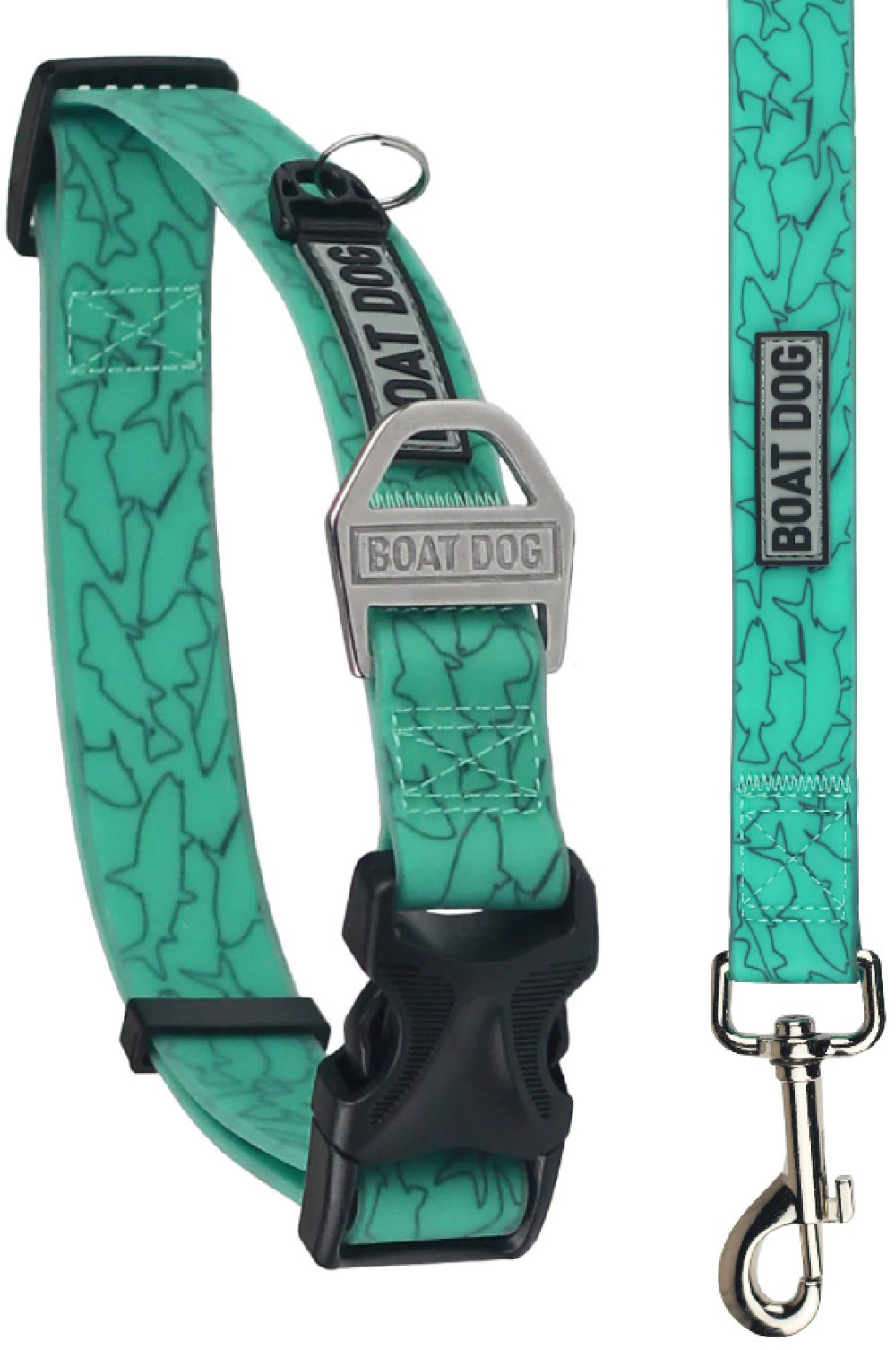 A matching waterproof dog collar and leash set in a bright mint green color featuring a subtle shark silhouette pattern.