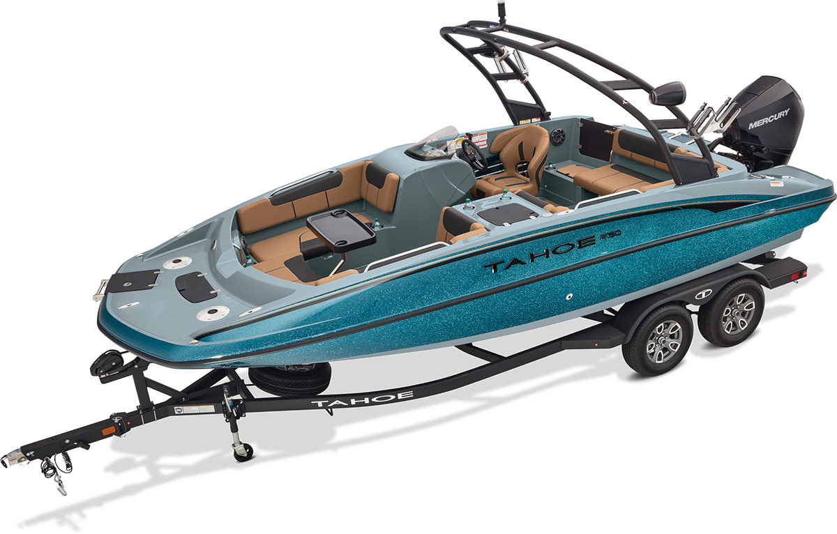 A teal metallic Tahoe 2150 motorboat on a black double-axle trailer. The boat features tan and black interior seating, a black wake tower with speakers, and a Mercury outboard motor, shown against a white background.