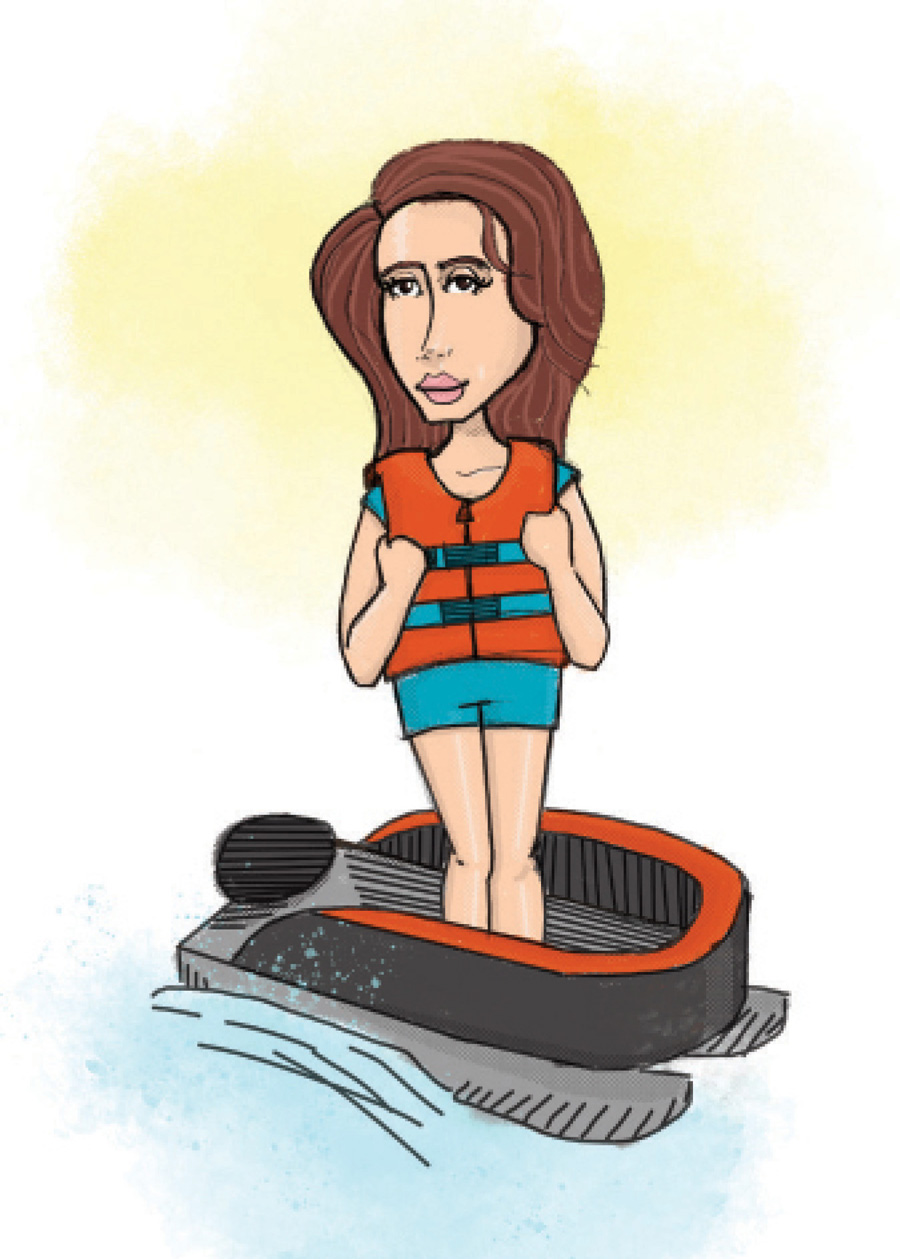Illustration of a woman wearing a life jacket and standing in a small boat