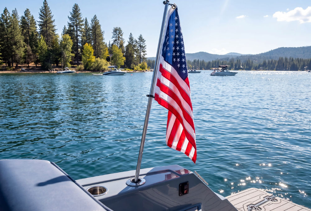 An American flag flies from a stern mount on a boat over clear blue lake water with distant trees and mountains.