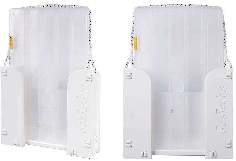 Front and side views of a white SeaSucker marine mounting bracket holding a clear plastic storage container.