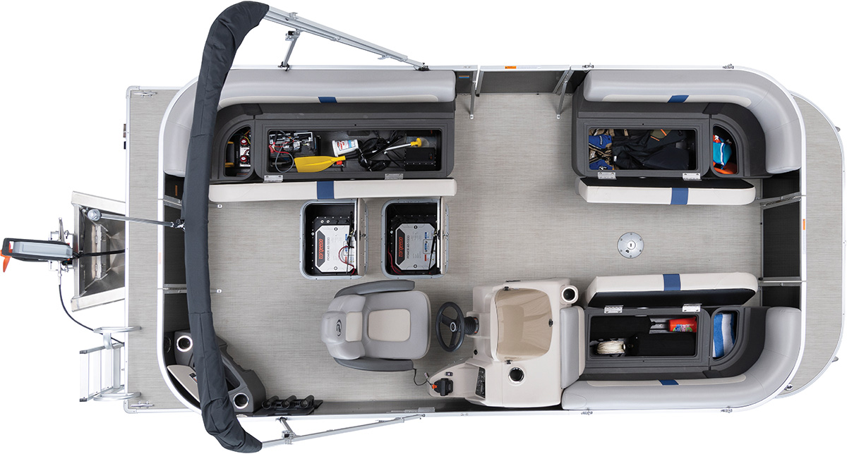 Top-down view of a pontoon boat layout showing open storage compartments, seats, and the helm.