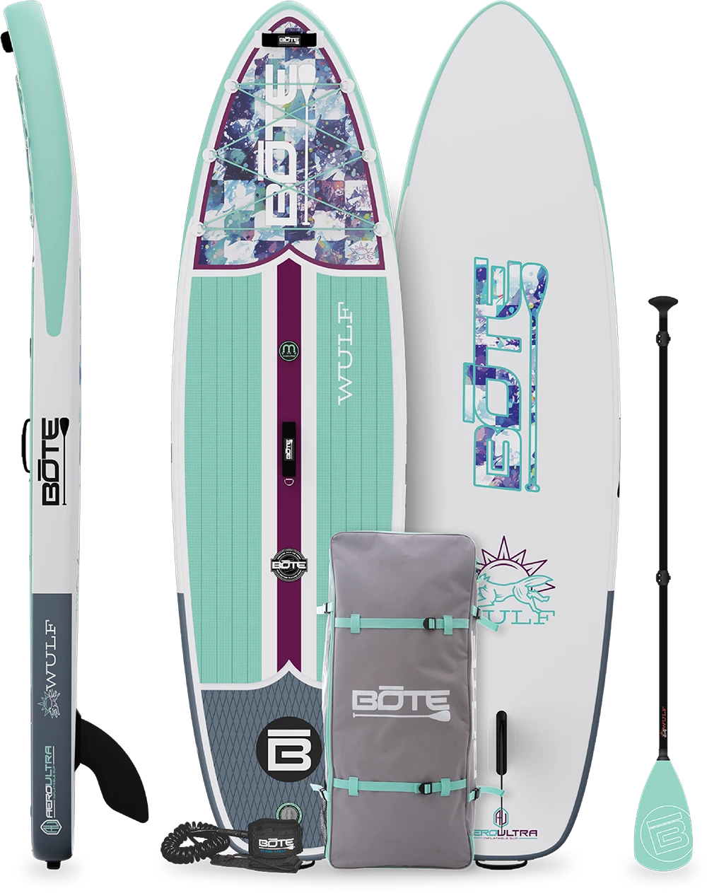 Product showcase of an inflatable Bote paddle board with its paddle, pump, and carry bag.