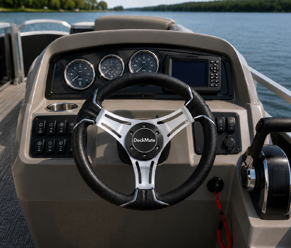 Pontoon boat helm console featuring a DeckMate steering wheel, dashboard gauges, GPS display, and throttle lever.