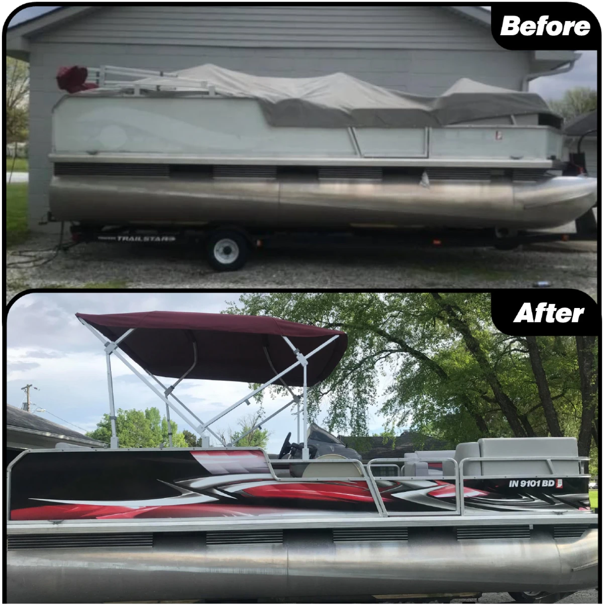 Before-and-after comparison showing an old white pontoon boat upgraded with red-and-black side graphics and a bimini top.