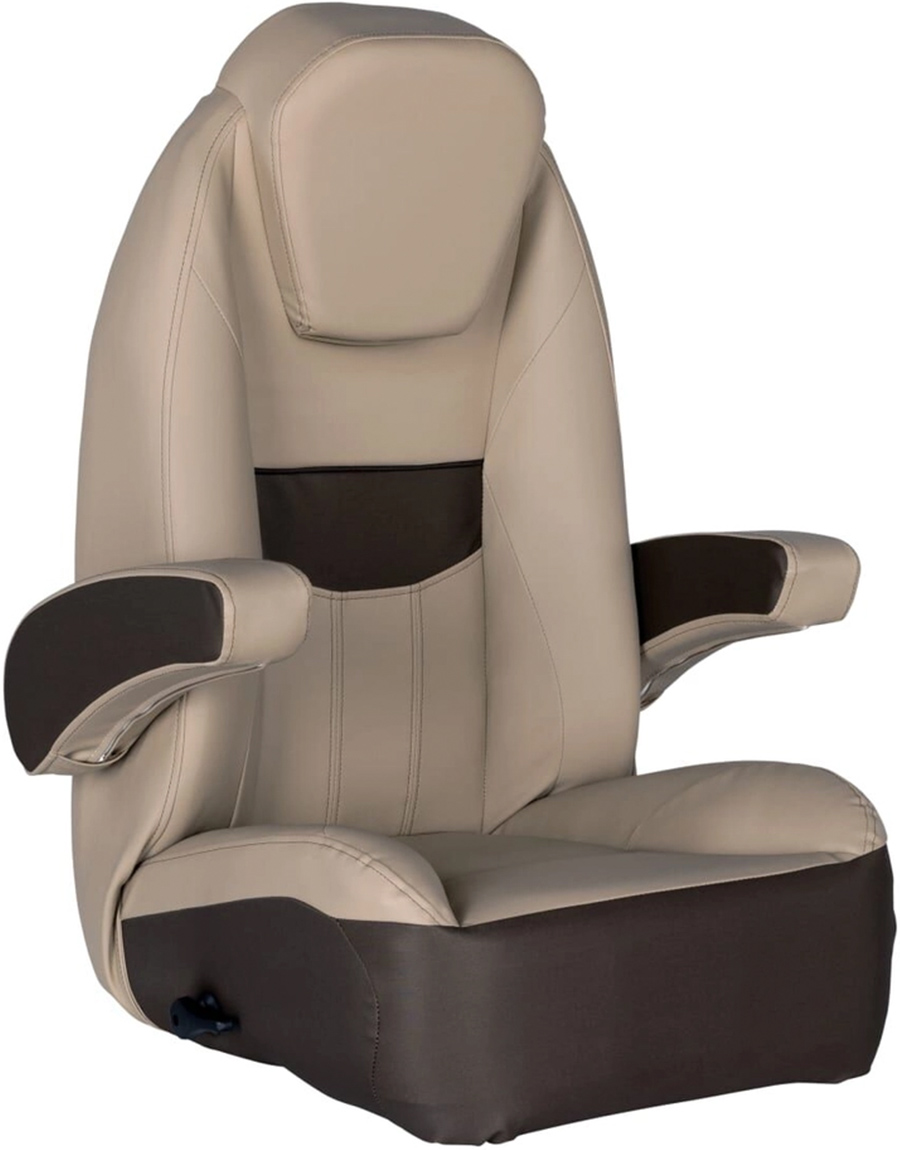 Two-tone beige and dark brown vinyl boat captain's seat featuring a high backrest, integrated headrest, and padded armrests.