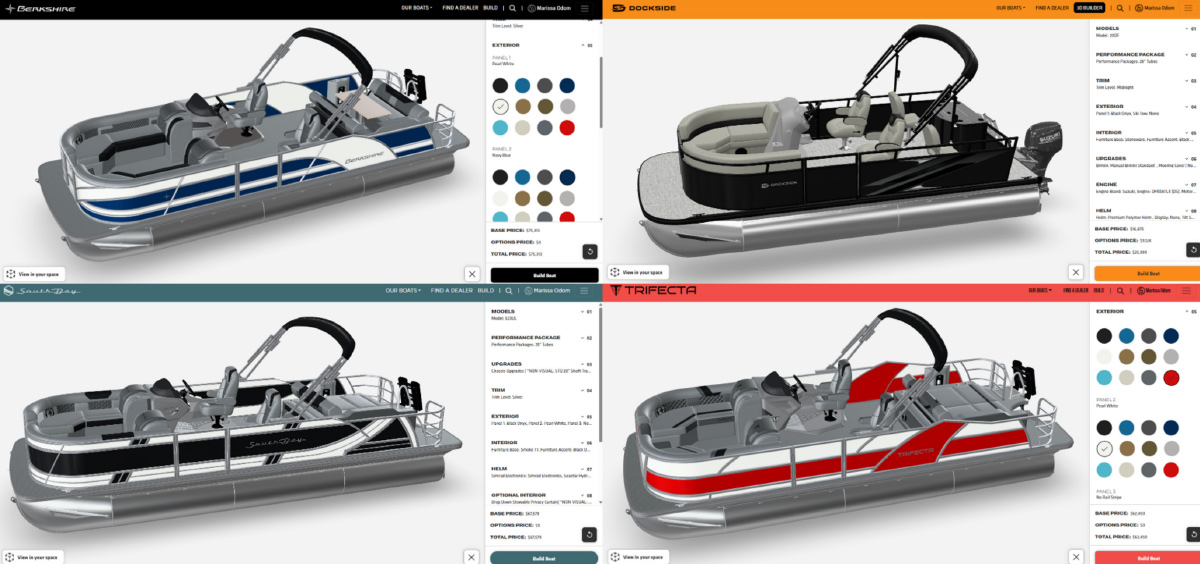 Grid showing four digital 3D pontoon boat customization interfaces (Berkshire, Dockside, South Bay, Trifecta).